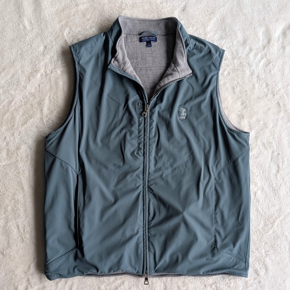 Peter Millar Crown Crafted Mens Full Zip Golf Vest Green/Gray Size L 1892 Logo